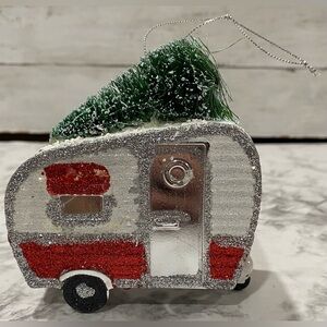Retro RV Camper Trailer Christmas Ornament Travel Tree Red White Silver Glitter